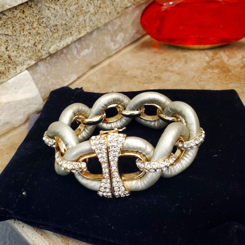 JOAN BOYCE LEATHER RHINESTONE ENCRUSTED GLAMOUR BRACELET